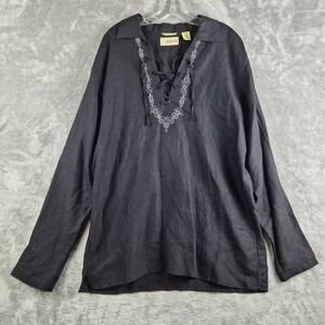 Cubavera Tunic Dress Womens Medium Black Linen‎ Blend Lace Up Embroidered Resort